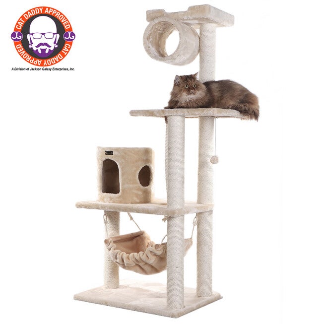62 inches Real Wood Cat Tree With Scratch Posts, Hammock, BEIGE, hi-res image number 0