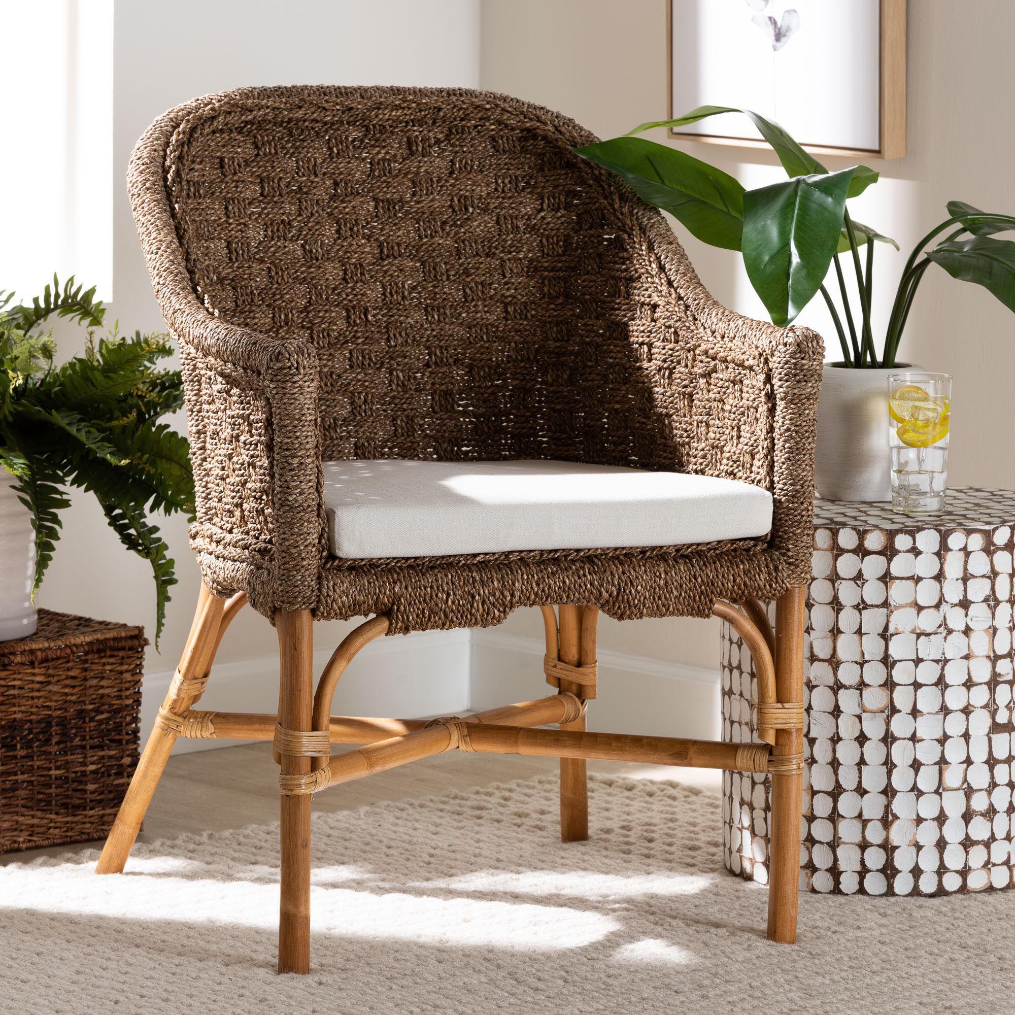 Luis Bohemian Natural Seagrass and Rattan Arm Chair, NATURAL, hi-res image number 0