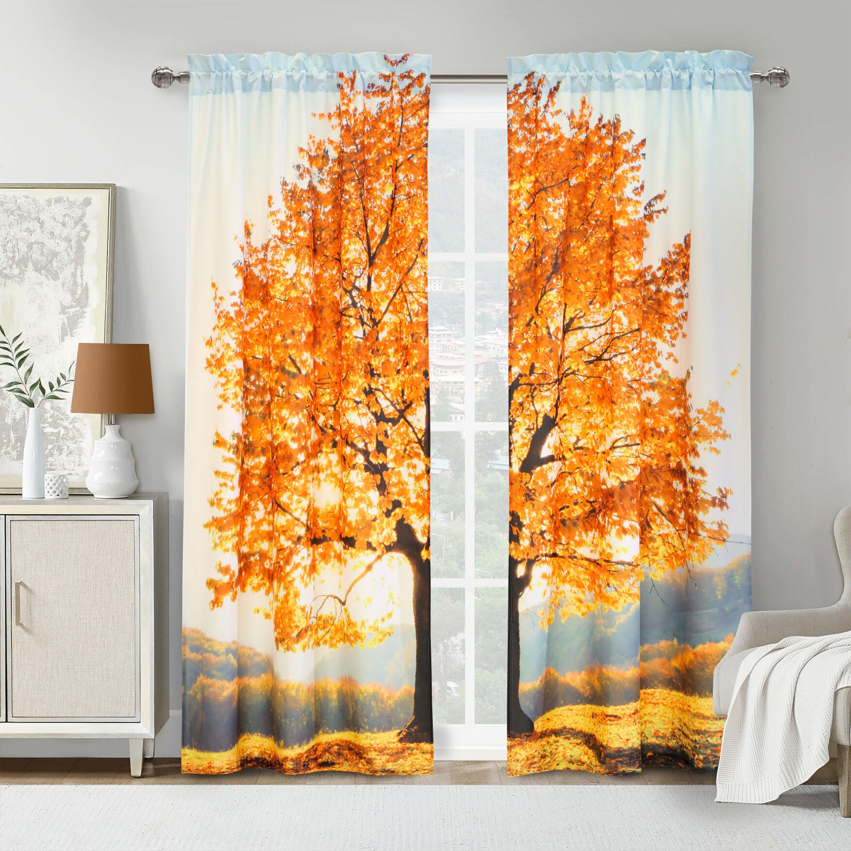 Photo Real Fall Tree Light Filtering Pole Top Curtain Panel Pair, MULTI, hi-res image number 0