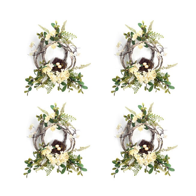 Woven Grapevine Wreath With Hydrangea And Bird Nest Accents (Set Of 4), , on-hover image number null