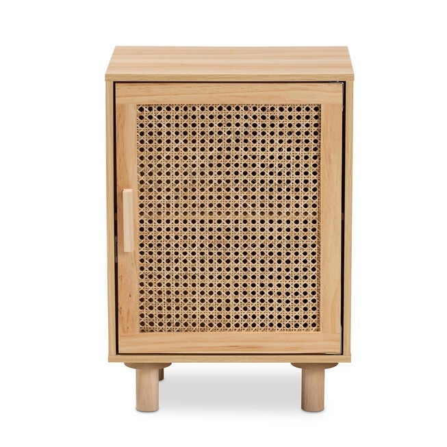 Maclean Mid-Century Modern Rattan And Natural Brown Finished Wood 1-Door Nightstand, , alternate image number null
