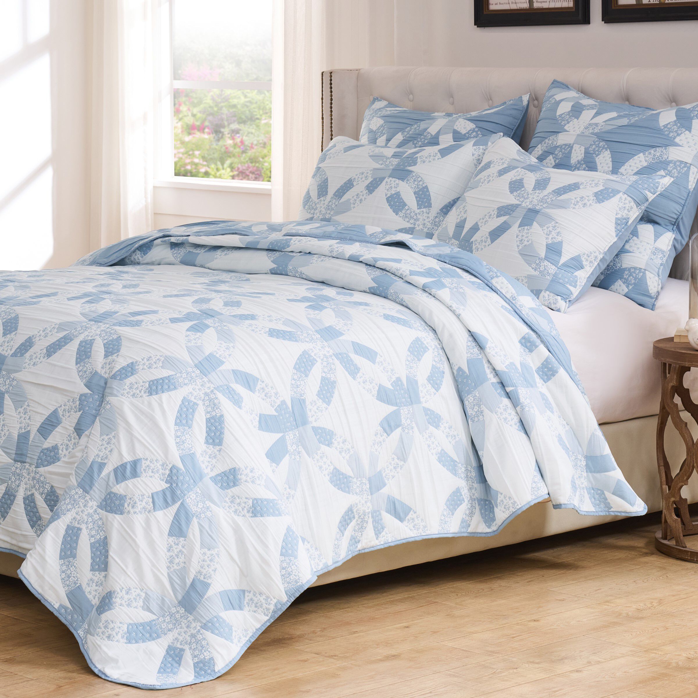 Wedding Ring Floral Reversible Coverlet Set, Blue, BLUE, alternate image number 1