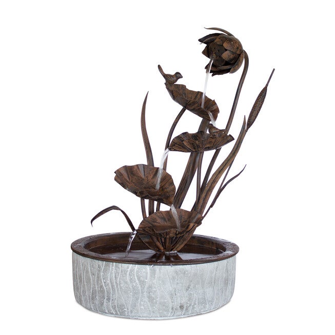 Brushed Metal Floral Fountain With Bird Accents 24 inchesH, BROWN, hi-res image number null