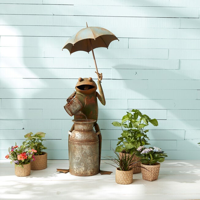 Rustic Copper Metal Frog With Umbrella Fountain 53.75 inchesH, , on-hover image number 1