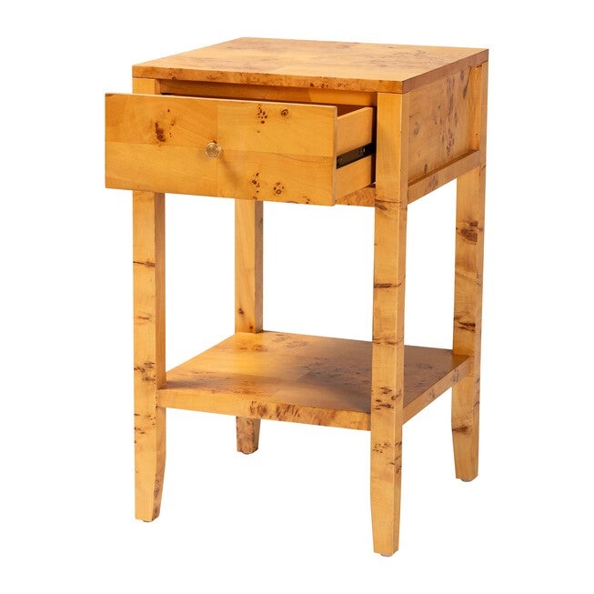 Ghina Modern and Contemporary Natural Light Mappa Real Burl Wood 1-Drawer Nightstand, LIGHT MAPPA BURL, alternate image number null