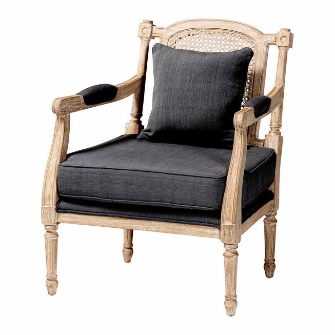 Clemence French Provincial Grey Fabric Whitewashed Mahogany Wood Armchair, GREY/WHITEWASHBROWN, alternate image number null