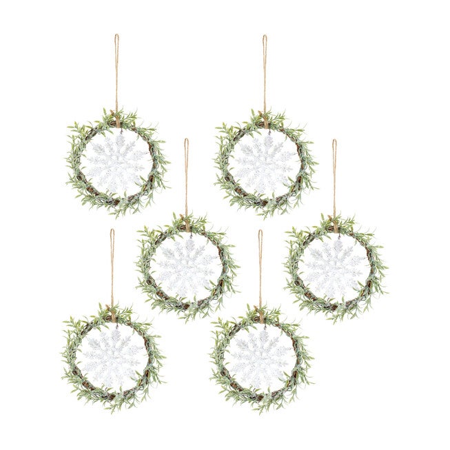 Frosted Winter Mini Leaf Wreath With Snowflake Ornament (Set Of 6), , alternate image number null