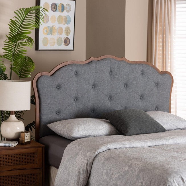 Leandra Classic And Traditional Grey Fabric And Walnut Brown Finished Wood Queen Size Headboard, , alternate image number 4