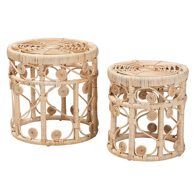 Bowie Modern Bohemian Natural Brown Rattan 2-Piece Nesting End Table Set, NATURAL BROWN, hi-res image number 0