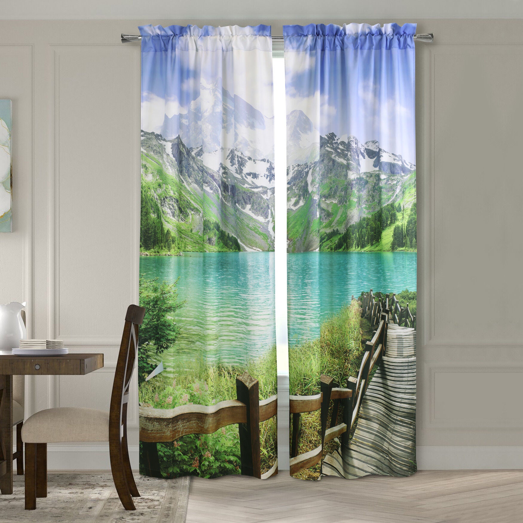 Photo Real Landscape Light Filtering Pole Top Curtain Panel Pair, MULTI, hi-res image number 0