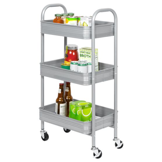 3 Tier Rolling Metal Cart with Wheels, Silver, , alternate image number null