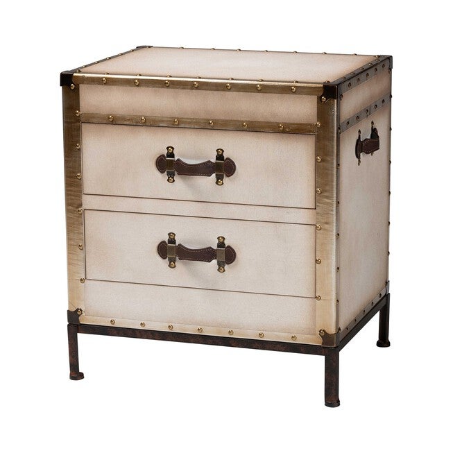 Laura Vintage White Canvas 2-Drawer End Table Trunk, WHITE, alternate image number null