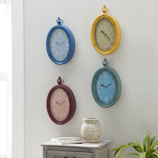 Set Of 4 Multi Colored Metal Vintage Wall Clock, , alternate image number null