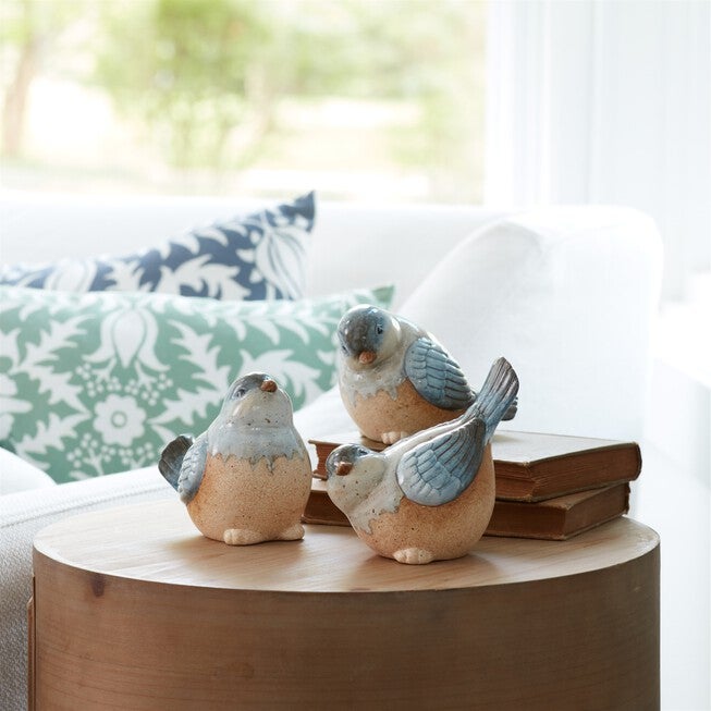 Ceramic Bird Figurines with Unglazed Accents (Set of 3), BLUE BEIGE, alternate image number null