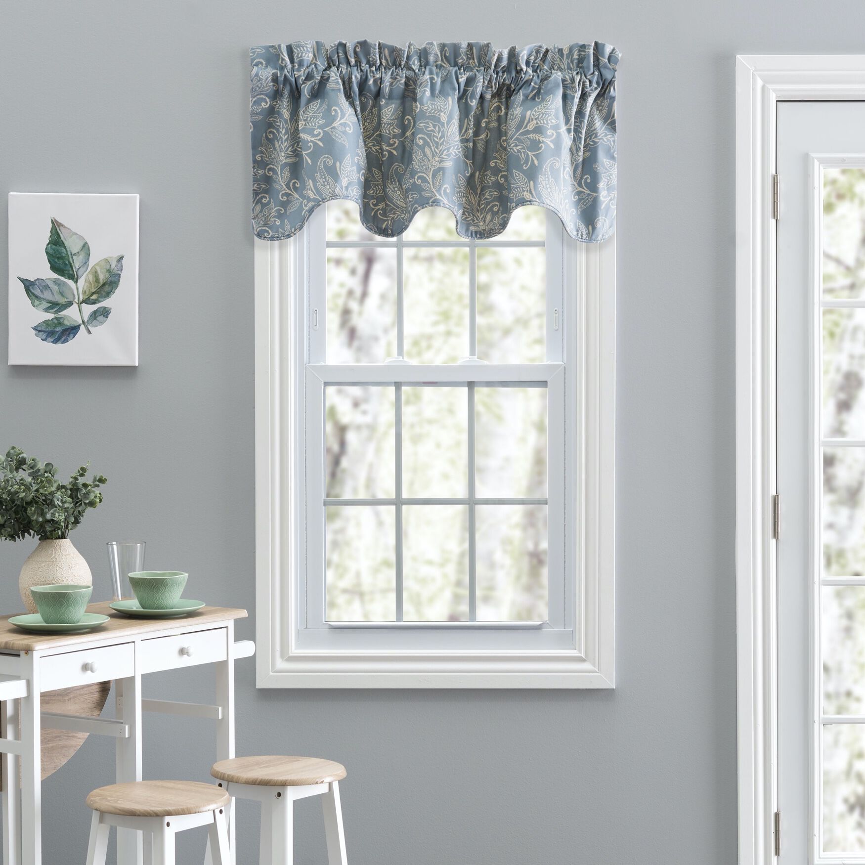 Lexington Leaf- Candlewick Leaf Pattern On A Colored Ground- Lined Scallop Valance, BLUE, hi-res image number 0