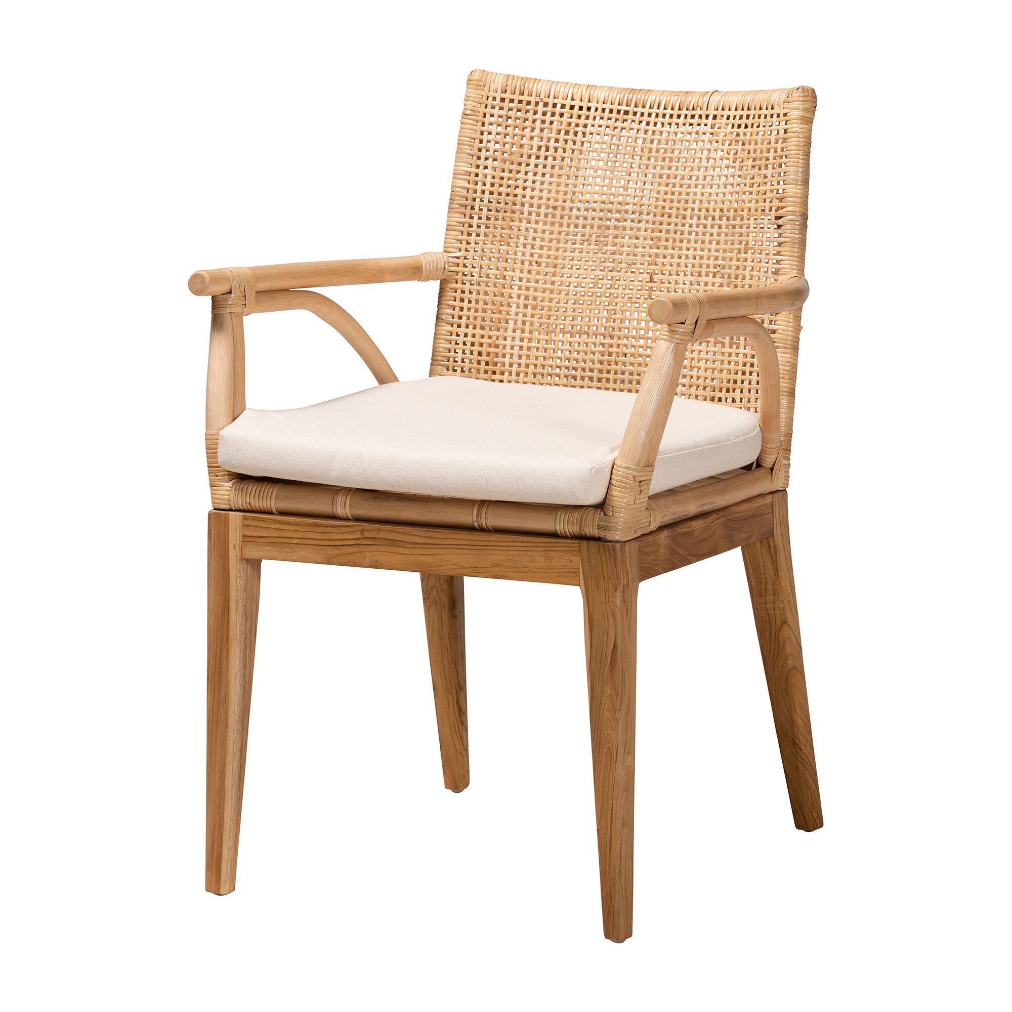 Storsel Modern Bohemian Natural Brown Finished Teak Wood and Rattan Dining Chair, CREAM, alternate image number 2