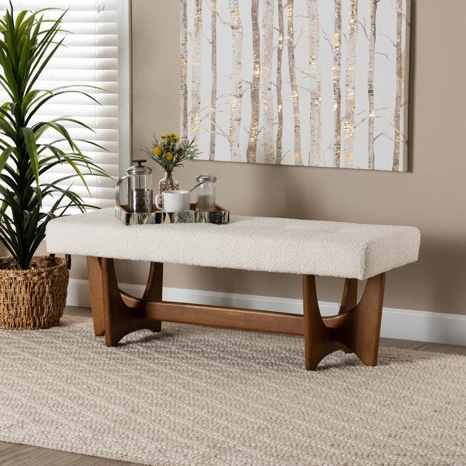 Theo Japandi Cream Boucle Fabric And Walnut Brown Finished Wood Bench, , alternate image number null