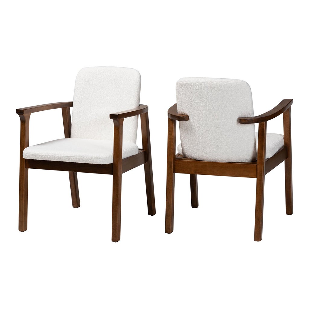 Two white upholstered dining chairs with wooden frames viewed from front/back