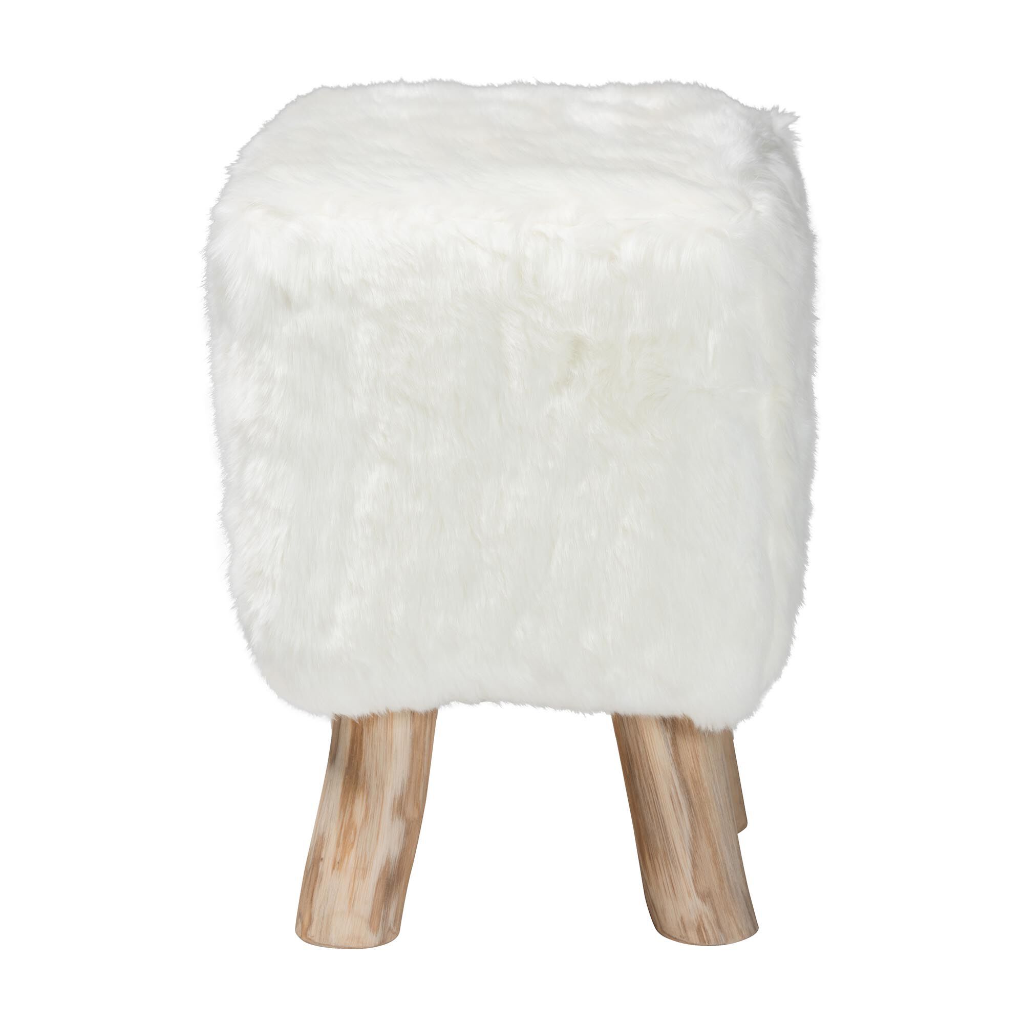 Scotlyn Faux Fur Footstool with Teak Wood Legs, WHITE, alternate image number 2