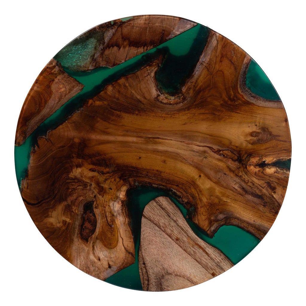 Top view of the round wood and teal resin top