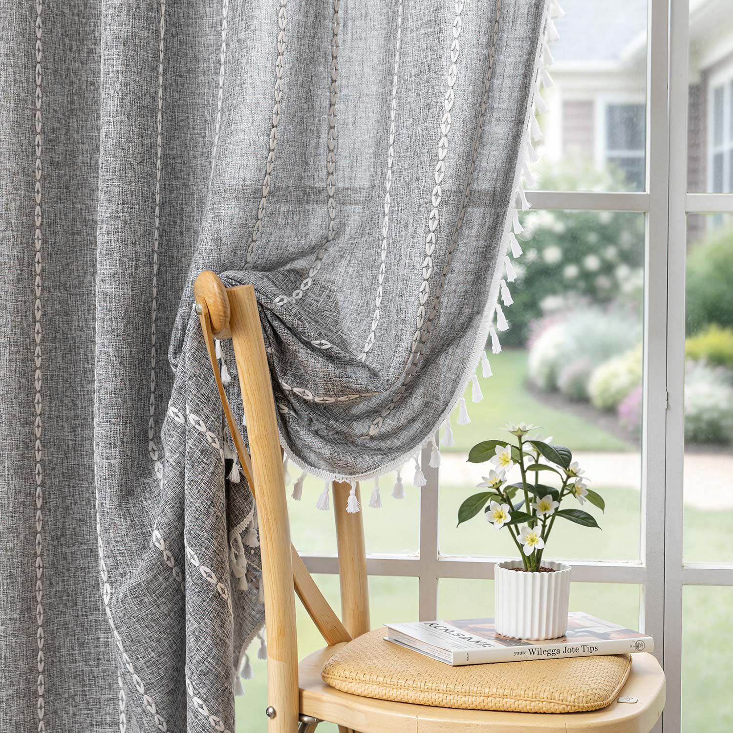 Boho Tassel Light Filtering Curtain Pair, CHARCOAL GRAY, alternate image number 2