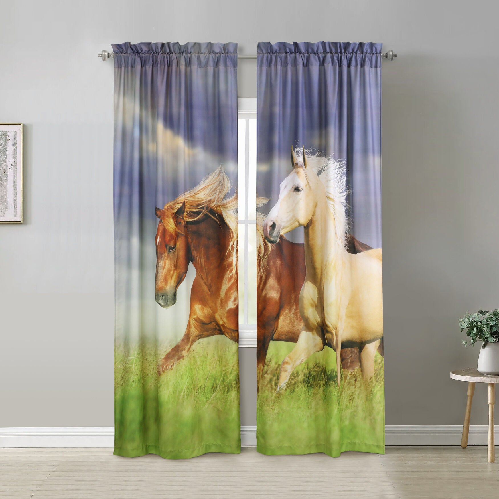 Photo Real Horses Light Filtering Pole Top Curtain Panel Pair, MULTI, hi-res image number 0