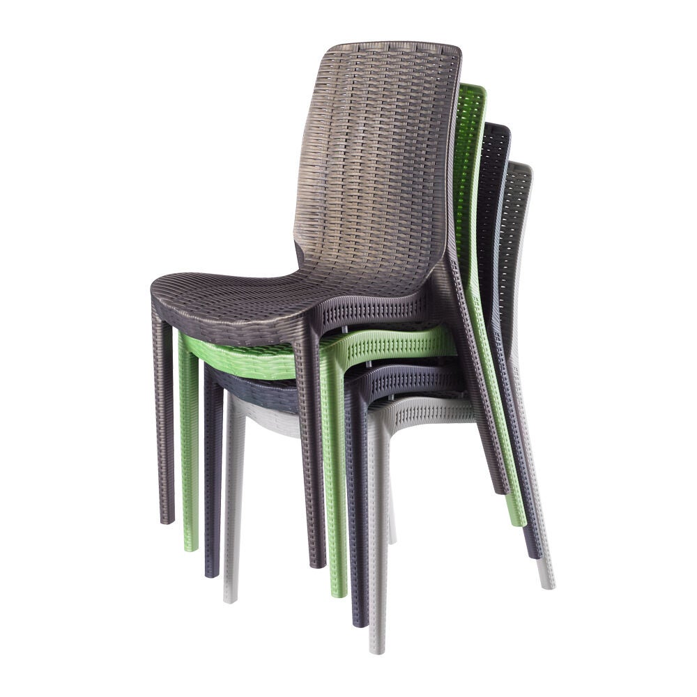 Stack of Rue outdoor dining chairs in multiple colors.