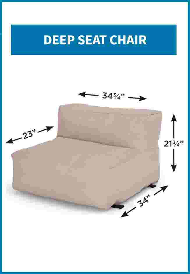 Beige deep seat chair with dimensions 34 3/4" wide, 23" deep, and 21 3/4" high.