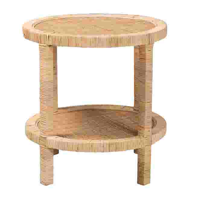 A round, two-tier end table made of natural rattan and wood, shown against a white background.