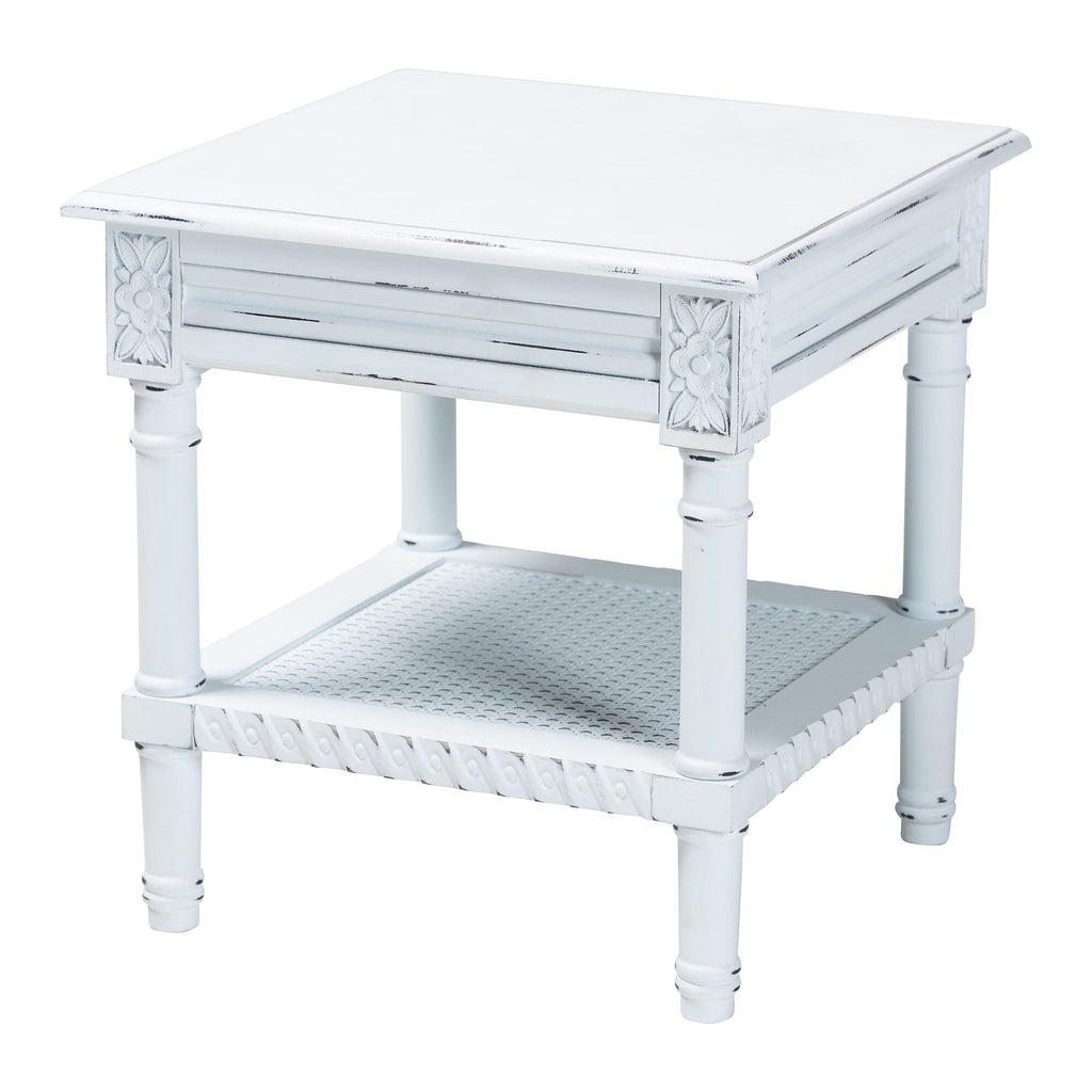 White distressed end table from a straight-on angle