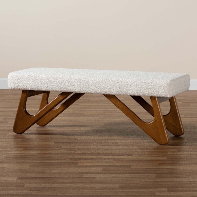 Rika Japandi Cream Boucle Fabric And Walnut Brown Finished Wood Bench, , alternate image number 5