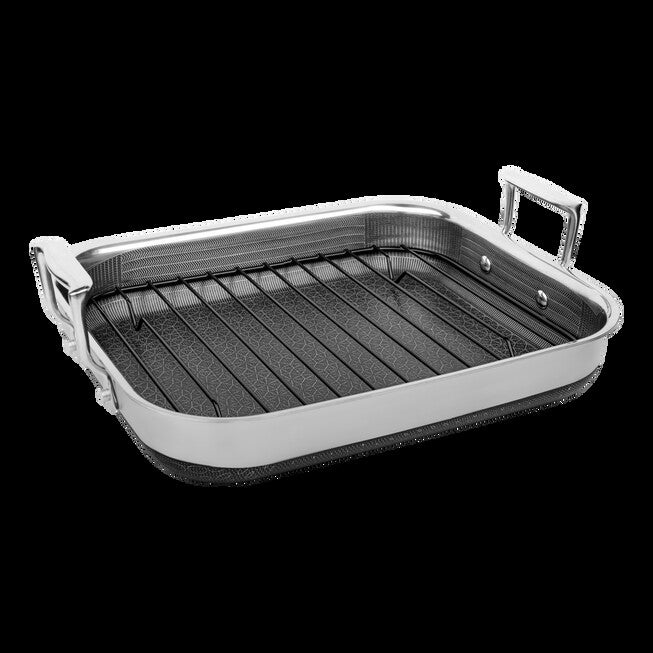 LIVWELL DiamondClad™ 14-inch Hybrid Nonstick Stainless Steel Roasting Pan with Basket, Dishwasher Safe, PFOA-free – Silver/Black, SILVER, hi-res image number null