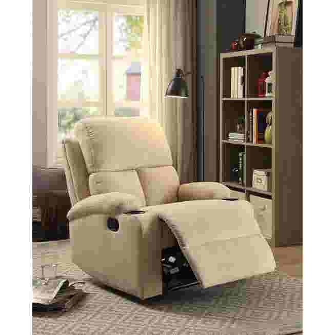 Beige recliner with footrest extended in living room