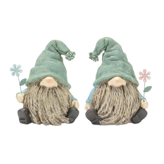 Stone Garden Gnome Figurine With Flower Stem Accent (Set Of 4), BLUE, hi-res image number null