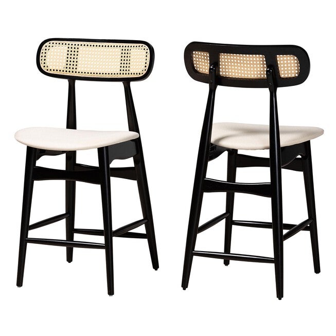 Tarana Mid-Century Modern Grey Fabric And Walnut Brown Finished Wood 2-Piece Counter Stool Set, CREAM BLACK, hi-res image number null