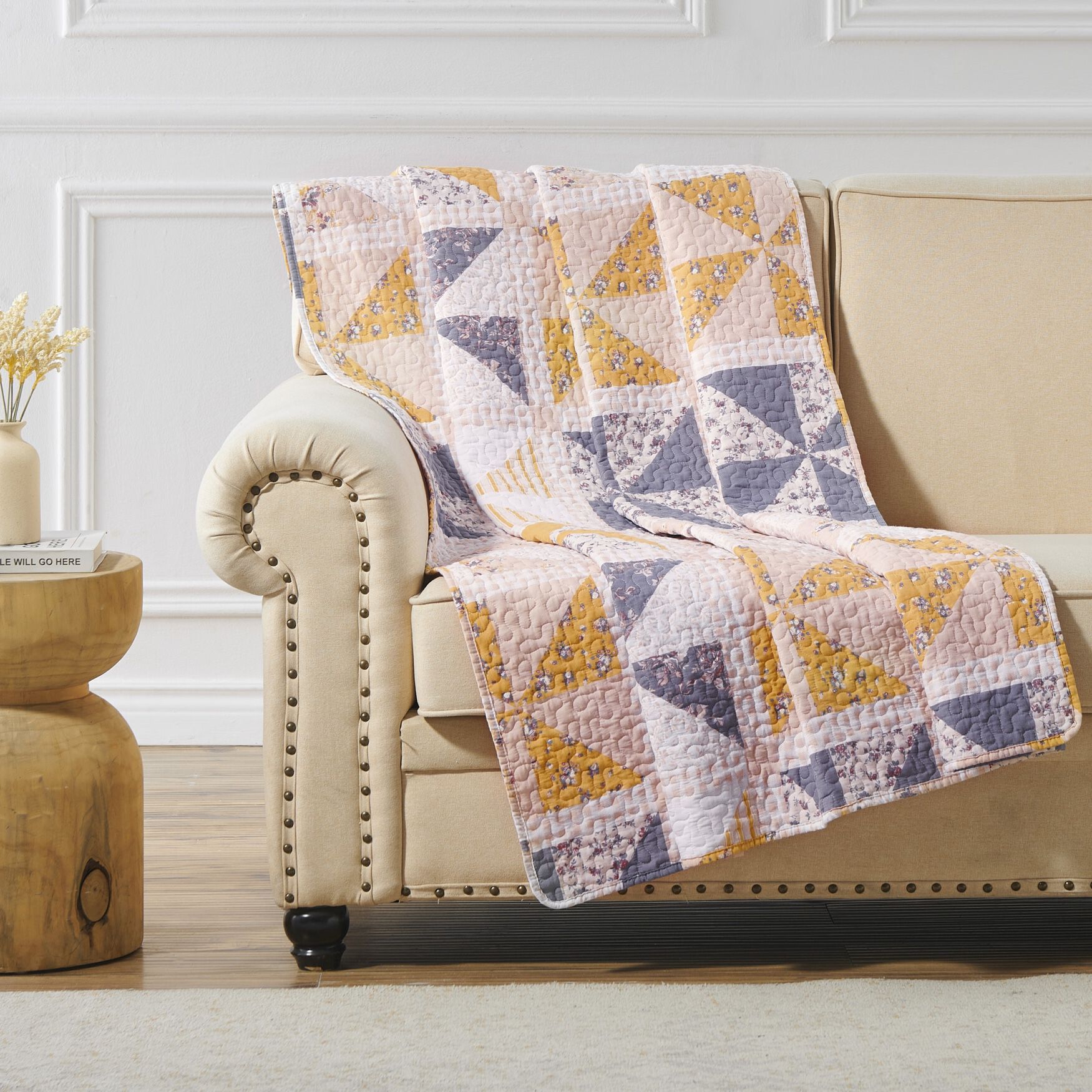 Pinwheel & Posey Quilted Throw Blanket, PEACH, hi-res image number 0