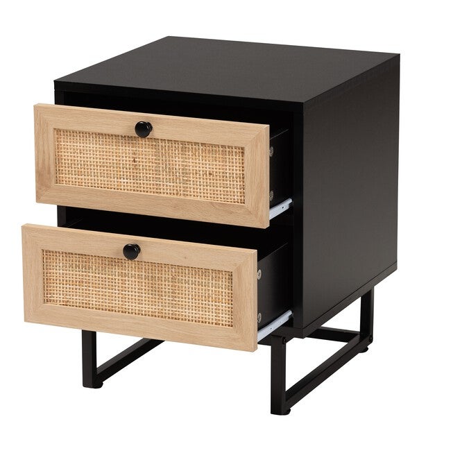 Declan Mid-Century Modern Espresso Brown Finished Wood And Natural Rattan 2-Drawer Nightstand, , on-hover image number null