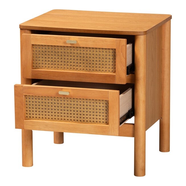 Jenn Golden Brown Wood Japandi 2-Drawer Nightstand with Distressed-Finished Rattan, GOLDEN, alternate image number 2