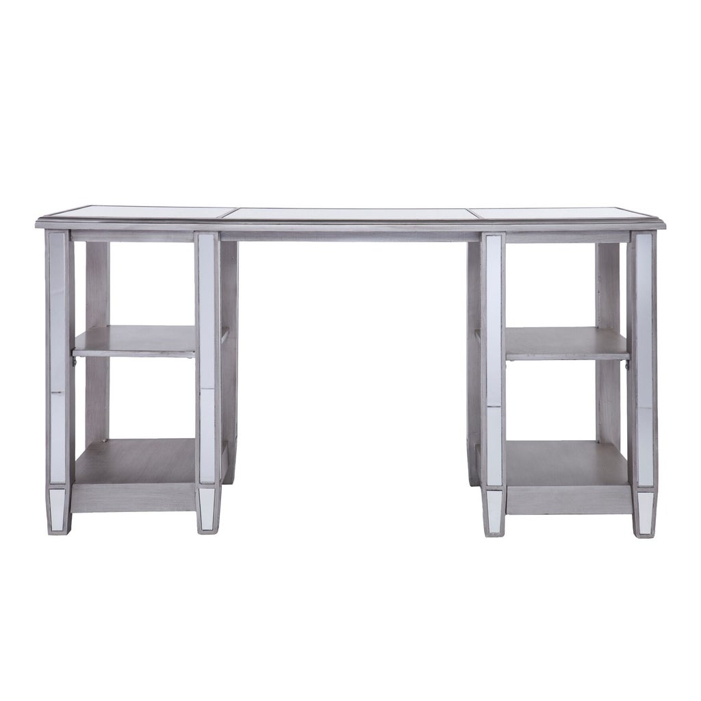 Front view of mirrored desk showing two pedestals with shelves