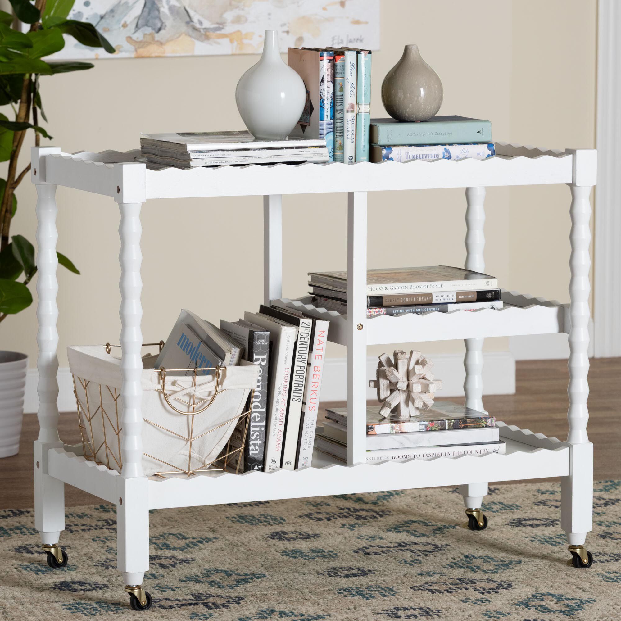 Seamus 3-Tier Beech Brown Book Cart with Bobbin Frame, WHITE, hi-res image number 0