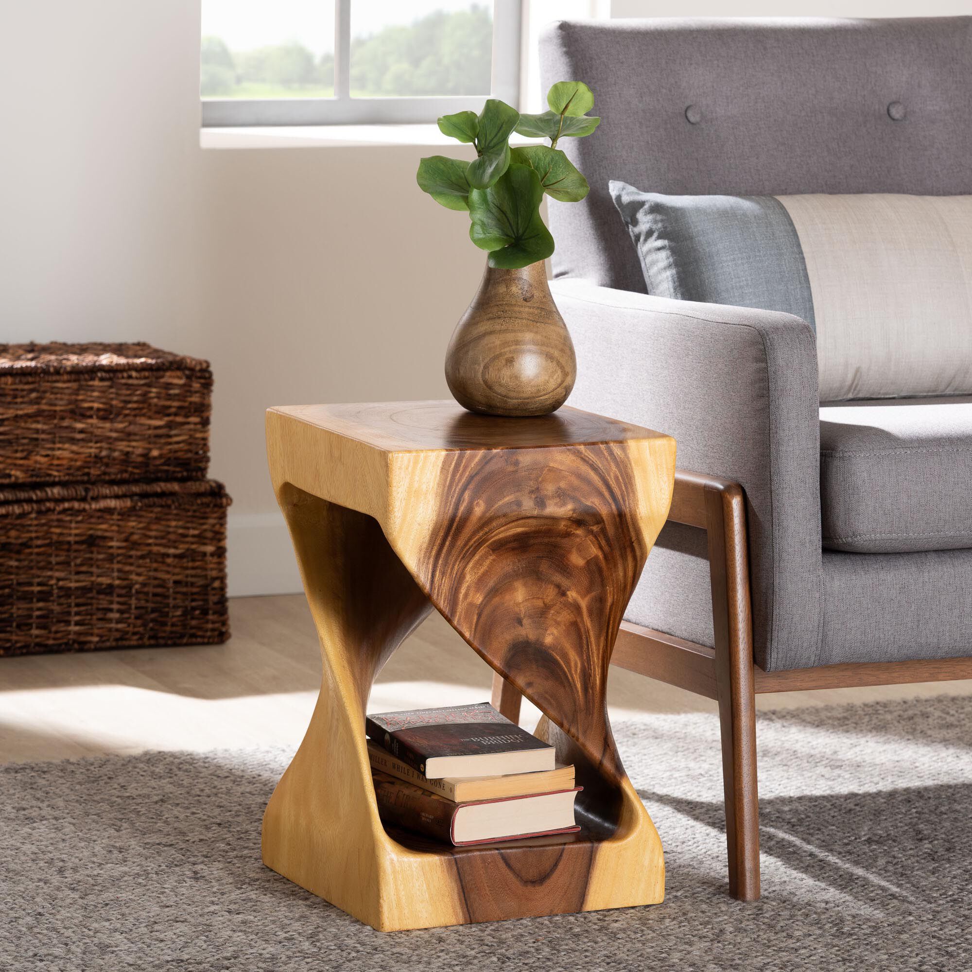 Rapha Hand-carved Suar Wood Side Table, NATURAL BROWN, hi-res image number 0