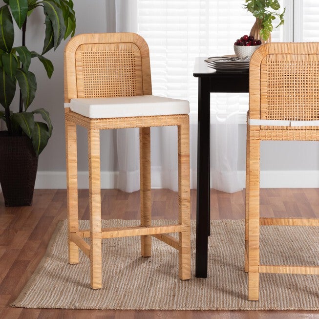 Zariah Modern Bohemian Natural Brown Rattan And Mahogany Wood Bar Stool, , alternate image number null