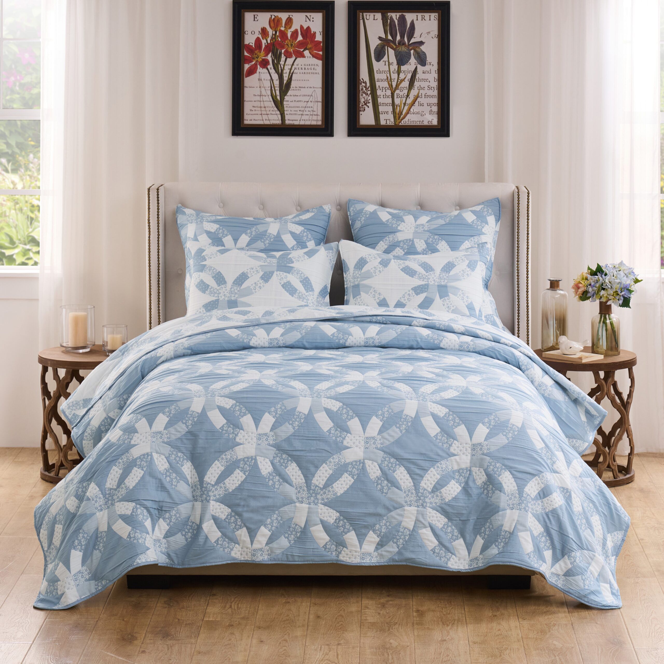 Wedding Ring Floral Reversible Coverlet Set, Blue, BLUE, alternate image number 4