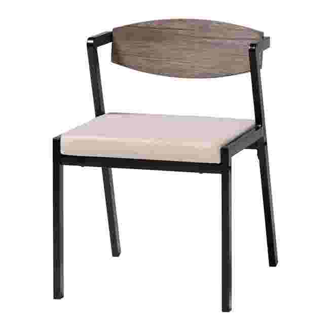 a dining chair with a fabric seat and backrest and metal frame