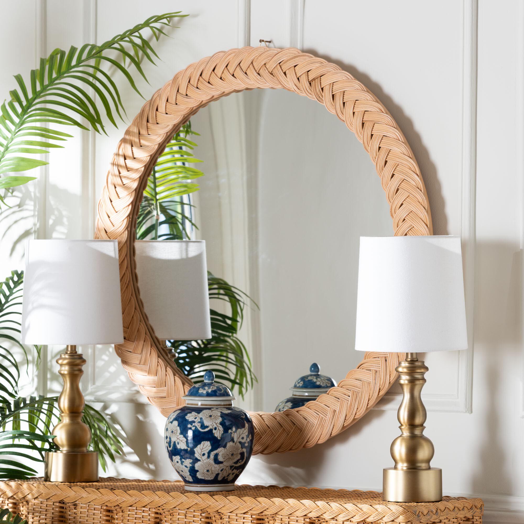 Nara Natural Rattan Wall Mirror - Round, HONEY, alternate image number 3