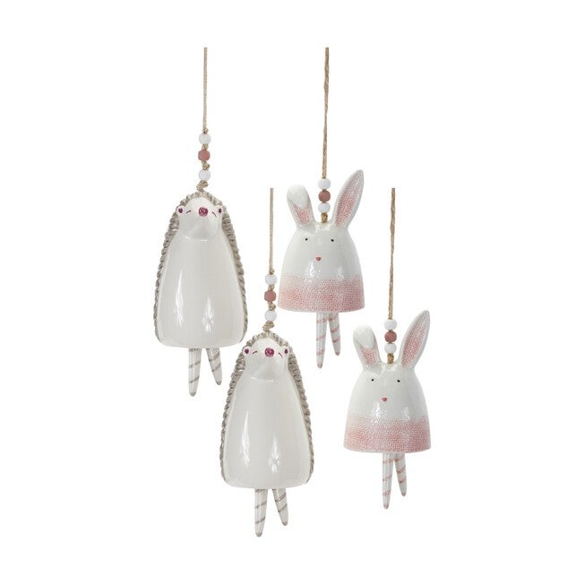 Bunny/Hedgehog Bell (Set of 4) 4.75 inchesH, 7 inchesH Stoneware, WHITE/PINK, hi-res image number 0
