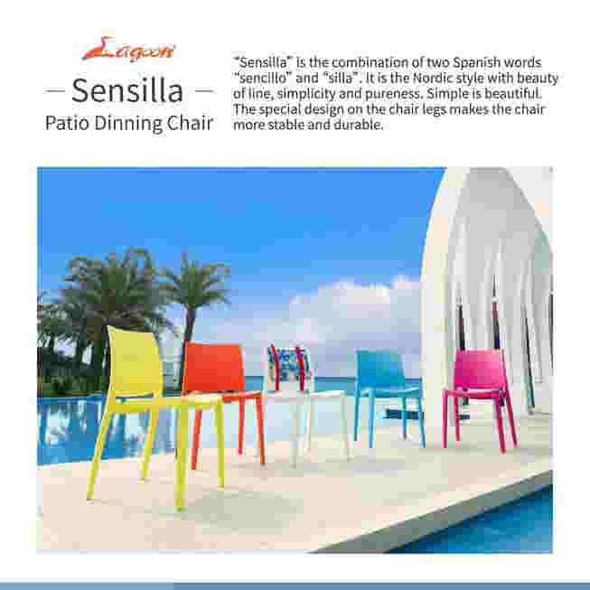 Colorful Sensilla patio dining chairs by a pool