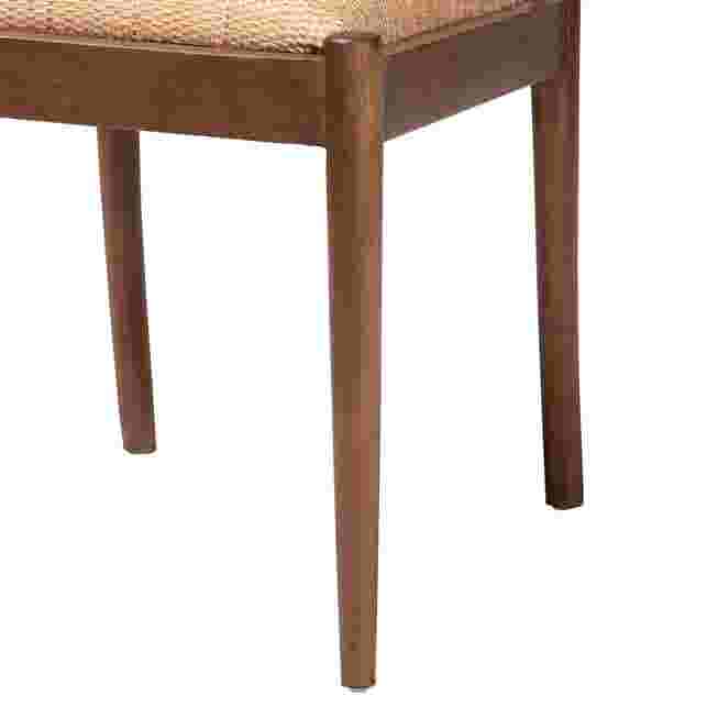 Close-up of the wooden legs of a dining chair.