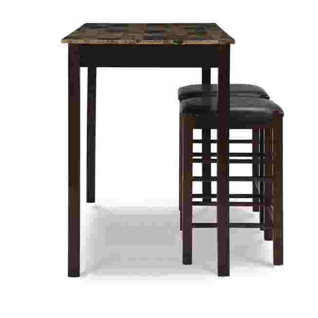 Side view of black high-top table and stools