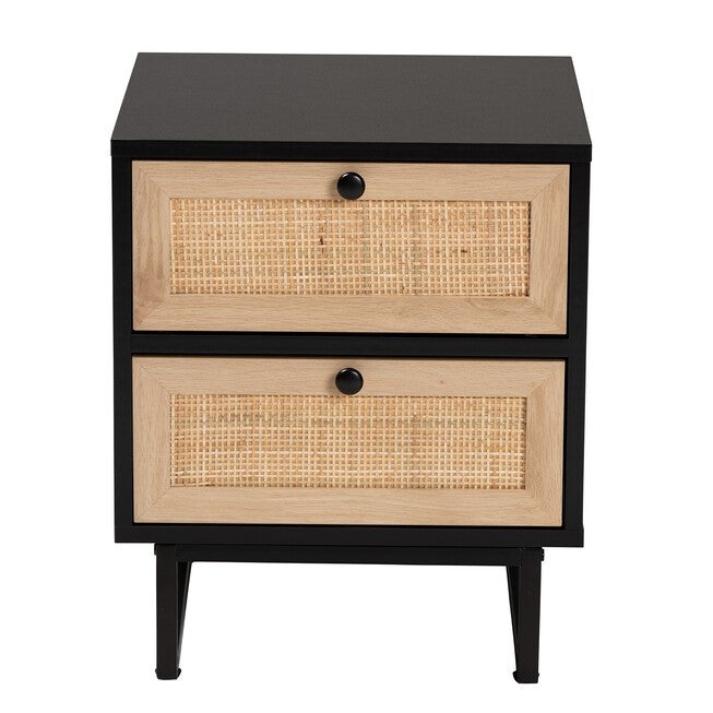 Declan Mid-Century Modern Espresso Brown Finished Wood And Natural Rattan 2-Drawer Nightstand, , alternate image number null
